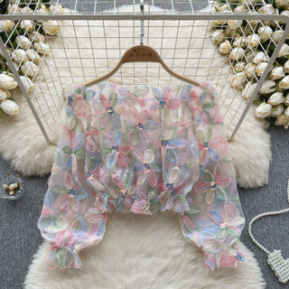 Áo Sơ Mi Tay Dài Phồng Trễ Vai In Họa Tiết Hoa Phong Cách Hàn Quốc Thời Trang Cho Nữ baju baju wanita Lenan panjang Hàng Mới Có Sẵn