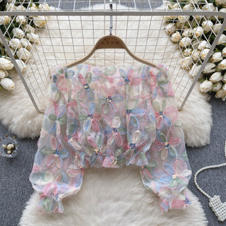 Áo Sơ Mi Tay Dài Phồng Trễ Vai In Họa Tiết Hoa Phong Cách Hàn Quốc Thời Trang Cho Nữ baju baju wanita Lenan panjang Hàng Mới Có Sẵn