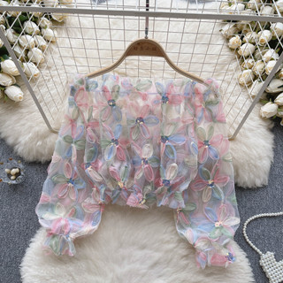 Áo Sơ Mi Tay Dài Phồng Trễ Vai In Họa Tiết Hoa Phong Cách Hàn Quốc Thời Trang Cho Nữ baju baju wanita Lenan panjang Hàng Mới Có Sẵn