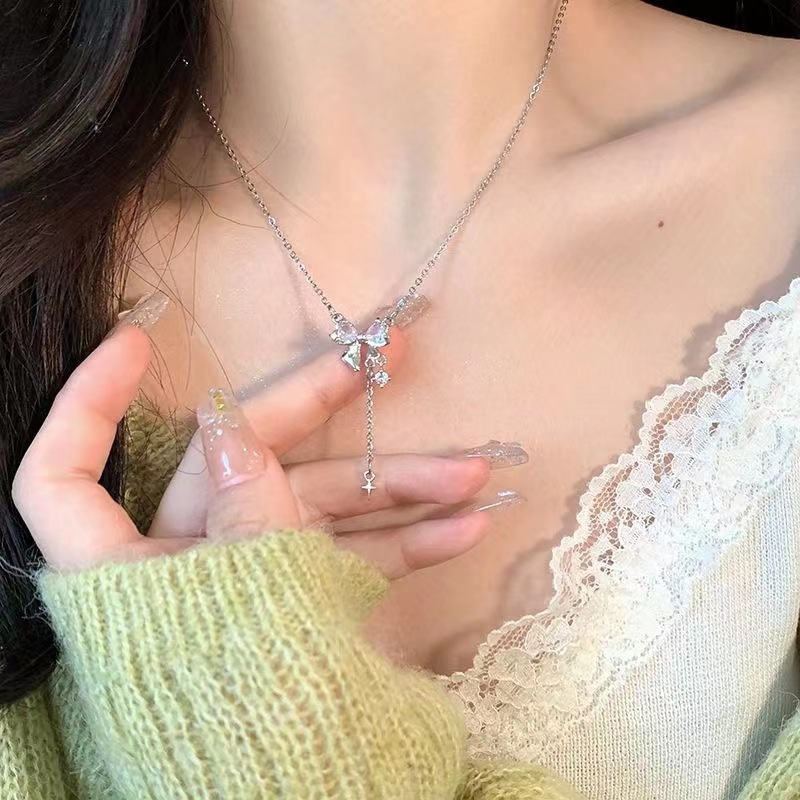 Dây Chuyền Dài Mặt Nơ Đính Đá zircon Tinh Tế