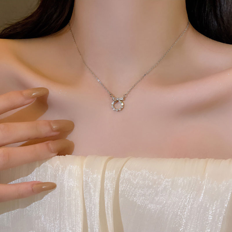 Sang Trọng Vòng Cổ choker Chất Liệu Thép Titan Mặt Hình Nơ Đính Đá zircon