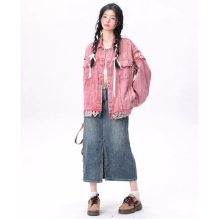 Áo Khoác denim Tay Dài Màu Hồng Phong Cách retro Mỹ Dành Cho Nam Nữ