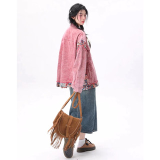 Áo Khoác denim Tay Dài Màu Hồng Phong Cách retro Mỹ Dành Cho Nam Nữ