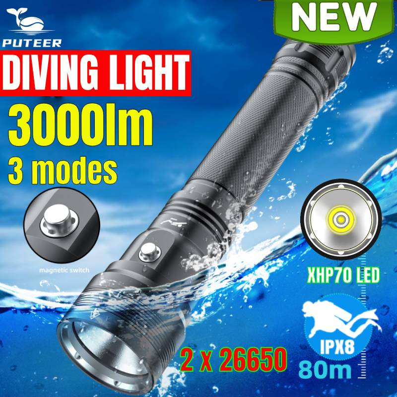 Puteer DV55 Mới P70 - Đèn Pin Lặn 3000 Lumens, Ánh Sáng Trắng, Điều Khiển Từ Tính, Độ Sáng Cao