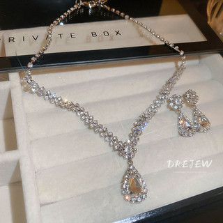 DREJEW 3 Chiếc Thời Trang Đính Kim Cương Giọt Nước Tua Rua Vòng Cổ Bông Tai Bộ Hai Mảnh Ánh Sáng Sang Trọng Tính Khí Xương Đòn Dây Chuyền Cao Cấp Cảm Giác Vòng Cổ Nữ