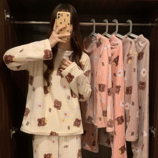 Bộ Đồ Ngủ In Họa Tiết Chú Gấu Dễ Thương Thoải Mái Thời Trang Thu Đông Cho Nữ