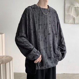 Mỹ Retro Mờ Rách Dài Tay Áo Thun Hip-Hop Dạo Phố Đẹp Trai Chiên Phố Cổ Tròn Áo Thun Phong Cách Tối Hủy Diệt Phong Cách Thanh Thiếu Niên Rời Top Nam