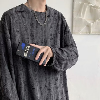 Mỹ Retro Mờ Rách Dài Tay Áo Thun Hip-Hop Dạo Phố Đẹp Trai Chiên Phố Cổ Tròn Áo Thun Phong Cách Tối Hủy Diệt Phong Cách Thanh Thiếu Niên Rời Top Nam