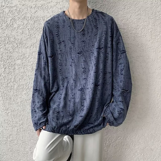 Mỹ Retro Mờ Rách Dài Tay Áo Thun Hip-Hop Dạo Phố Đẹp Trai Chiên Phố Cổ Tròn Áo Thun Phong Cách Tối Hủy Diệt Phong Cách Thanh Thiếu Niên Rời Top Nam