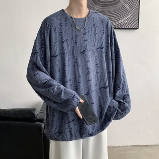 Mỹ Retro Mờ Rách Dài Tay Áo Thun Hip-Hop Dạo Phố Đẹp Trai Chiên Phố Cổ Tròn Áo Thun Phong Cách Tối Hủy Diệt Phong Cách Thanh Thiếu Niên Rời Top Nam