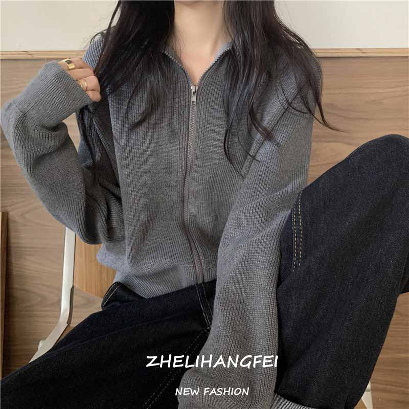 ZHELIHANGFEI Áo cardigan dệt kim cổ lọ dáng rộng màu sắc đơn giản thời trang thu đông cho nữ