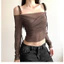 Klalien Áo Croptop Trễ Vai Tay Dài Phối Lưới Màu Trơn Đơn Giản Thời Trang Cho Nữ