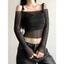 Klalien Áo Croptop Trễ Vai Tay Dài Phối Lưới Màu Trơn Đơn Giản Thời Trang Cho Nữ