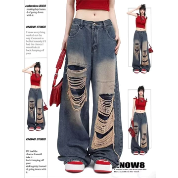 Quần Jean Ống Rộng unisex Thời Trang Hàn Quốc Mới Quần jeans retro quần jean nam rách gối Quần jean ống rộng nữ quần baggy rách