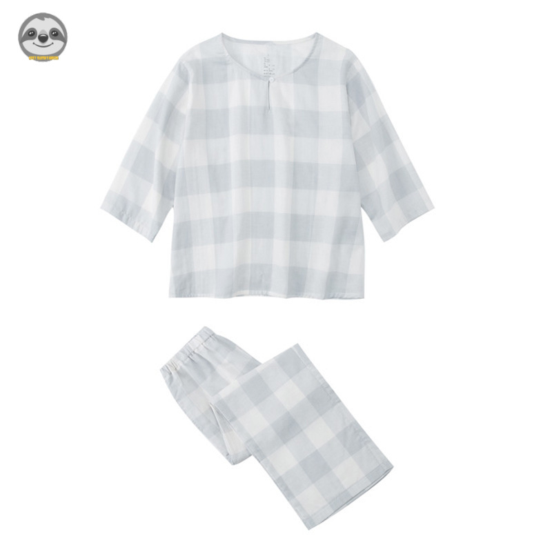 Bộ Đồ Ngủ Cotton Cổ Tròn Ba Lớp Phong Cách Muji Nhật Bản Cho Nữ