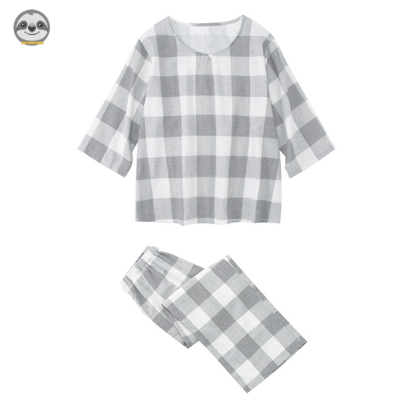 Bộ Đồ Ngủ Cotton Cổ Tròn Ba Lớp Phong Cách Muji Nhật Bản Cho Nữ