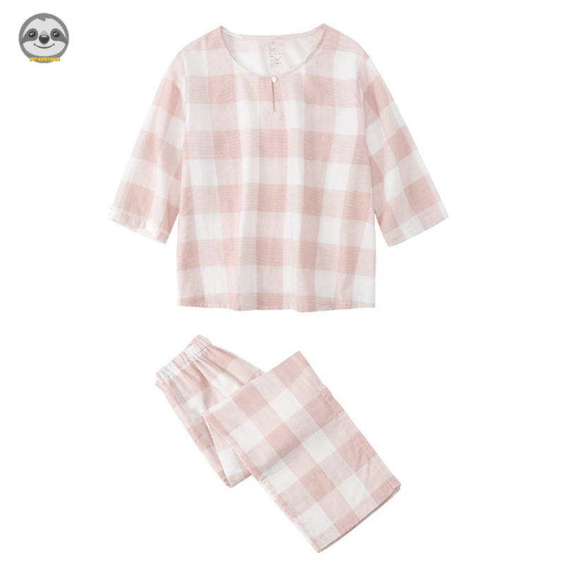 Bộ Đồ Ngủ Cotton Cổ Tròn Ba Lớp Phong Cách Muji Nhật Bản Cho Nữ