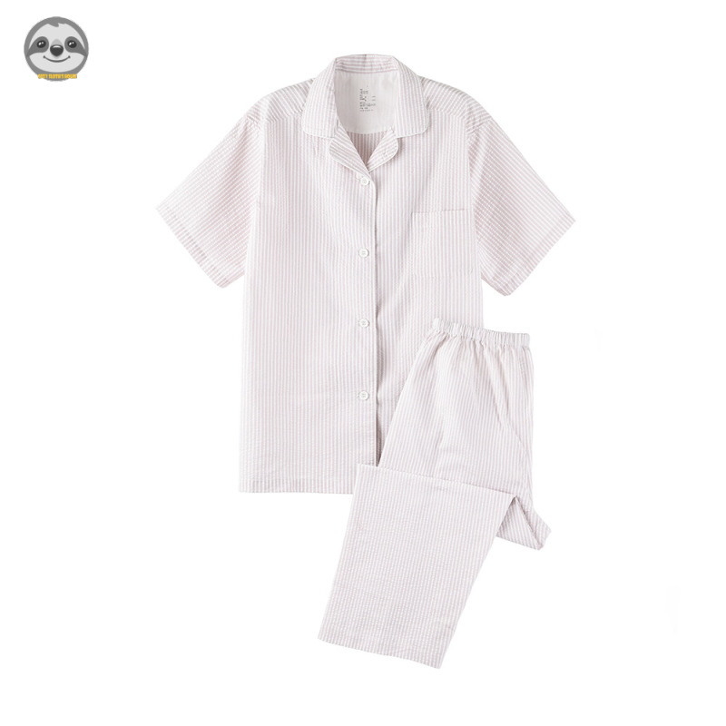 Phong Cách Nhật Bản muji style / Bộ Đồ Ngủ cotton Tinh Khiết Kẻ Sọc / Đồ Ngủ Ngắn Tay Liền Mạch Cho Cặp Đôi