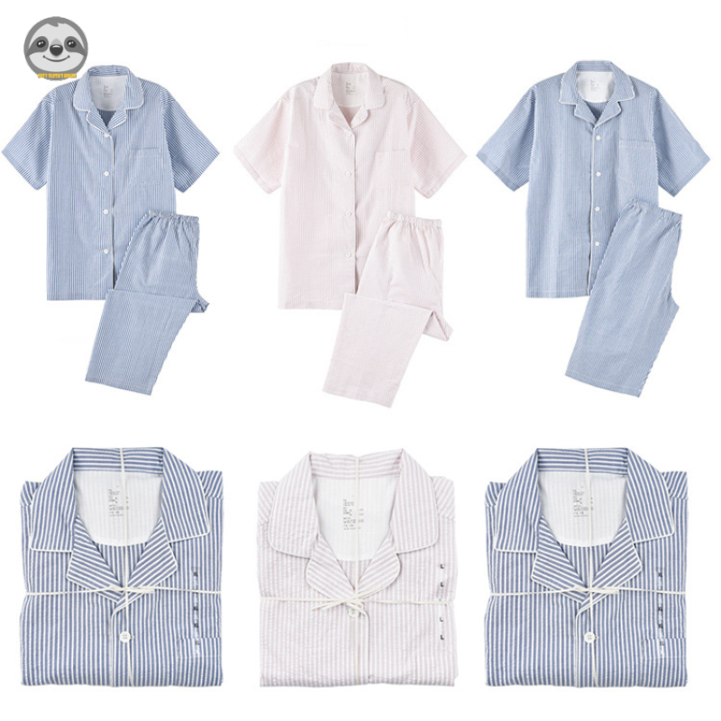 Phong Cách Nhật Bản muji style / Bộ Đồ Ngủ cotton Tinh Khiết Kẻ Sọc / Đồ Ngủ Ngắn Tay Liền Mạch Cho Cặp Đôi