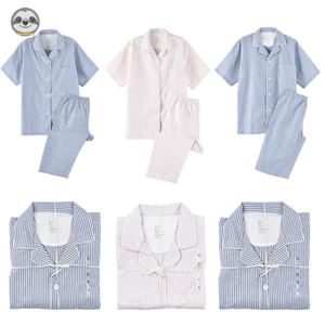 Phong Cách Nhật Bản muji style / Bộ Đồ Ngủ cotton Tinh Khiết Kẻ Sọc / Đồ Ngủ Ngắn Tay Liền Mạch Cho Cặp Đôi