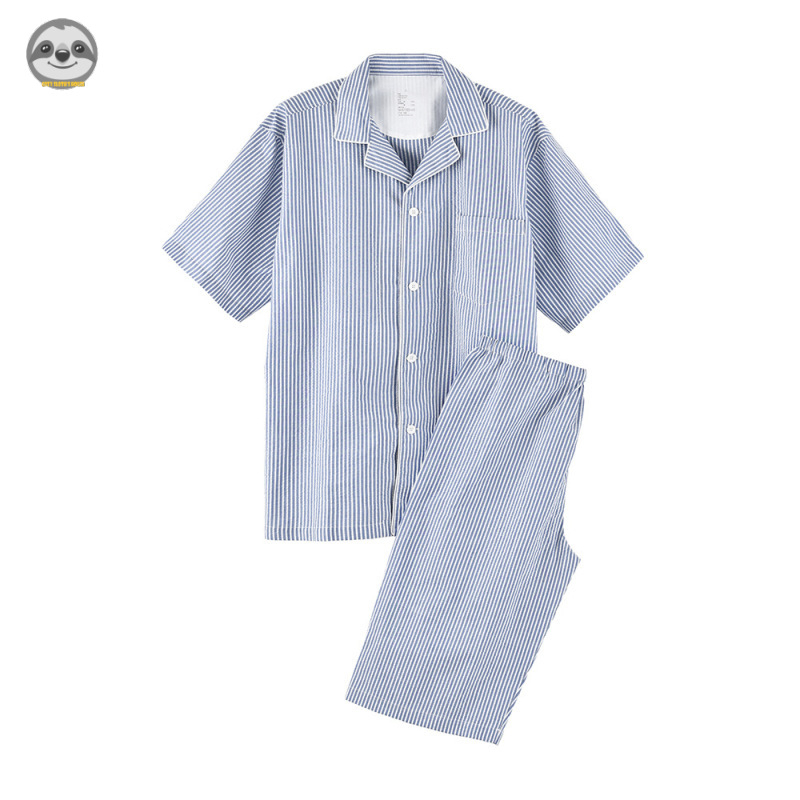 Phong Cách Nhật Bản muji style / Bộ Đồ Ngủ cotton Tinh Khiết Kẻ Sọc / Đồ Ngủ Ngắn Tay Liền Mạch Cho Cặp Đôi
