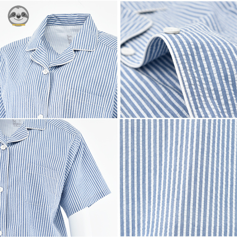 Phong Cách Nhật Bản muji style / Bộ Đồ Ngủ cotton Tinh Khiết Kẻ Sọc / Đồ Ngủ Ngắn Tay Liền Mạch Cho Cặp Đôi