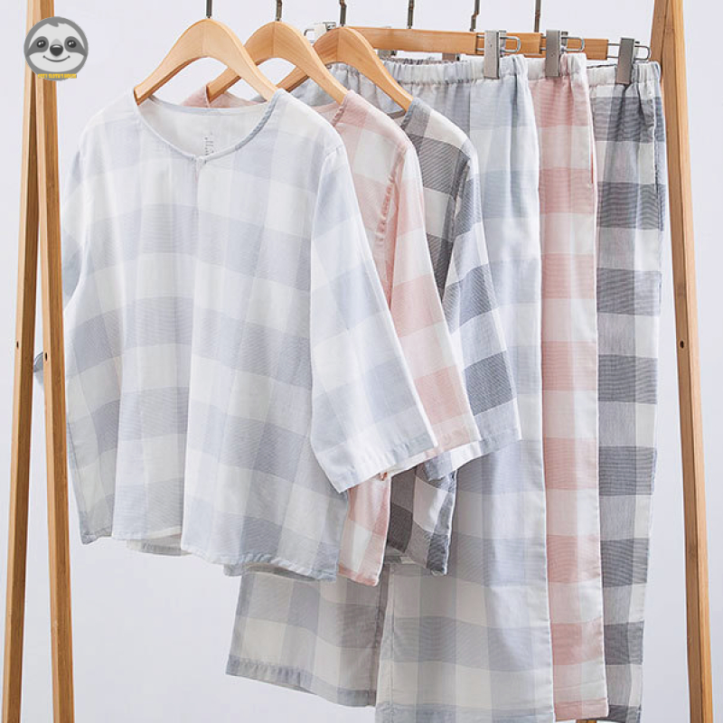 Bộ Đồ Ngủ Cotton Cổ Tròn Ba Lớp Phong Cách Muji Nhật Bản Cho Nữ