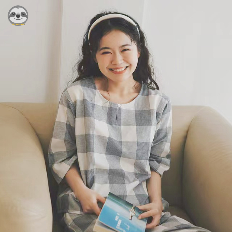 Bộ Đồ Ngủ Cotton Cổ Tròn Ba Lớp Phong Cách Muji Nhật Bản Cho Nữ