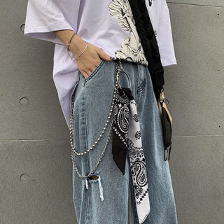 Hip Hop Contrast Color Paisley Biker Bandana with Waist Wallet Chain Pants Belt