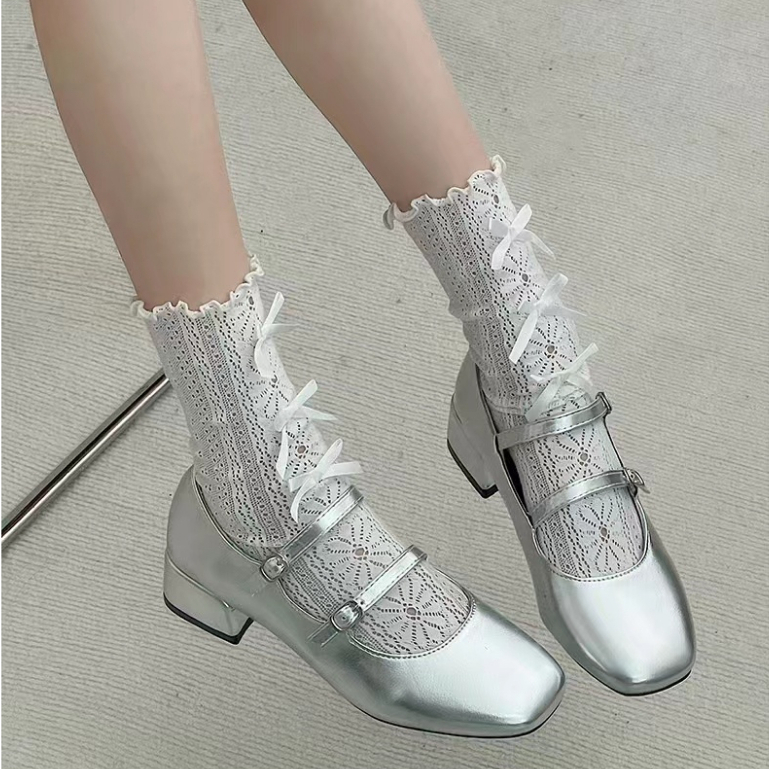 Giày Mary Jane Pháp Nông Miệng Khối Gót Giày Đầu Xuân Bạc Giày Cao Gót