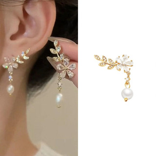 Niche Khuyên Tai Hình Hoa Lá Đính Ngọc Trai Nhân Tạo Thời Trang