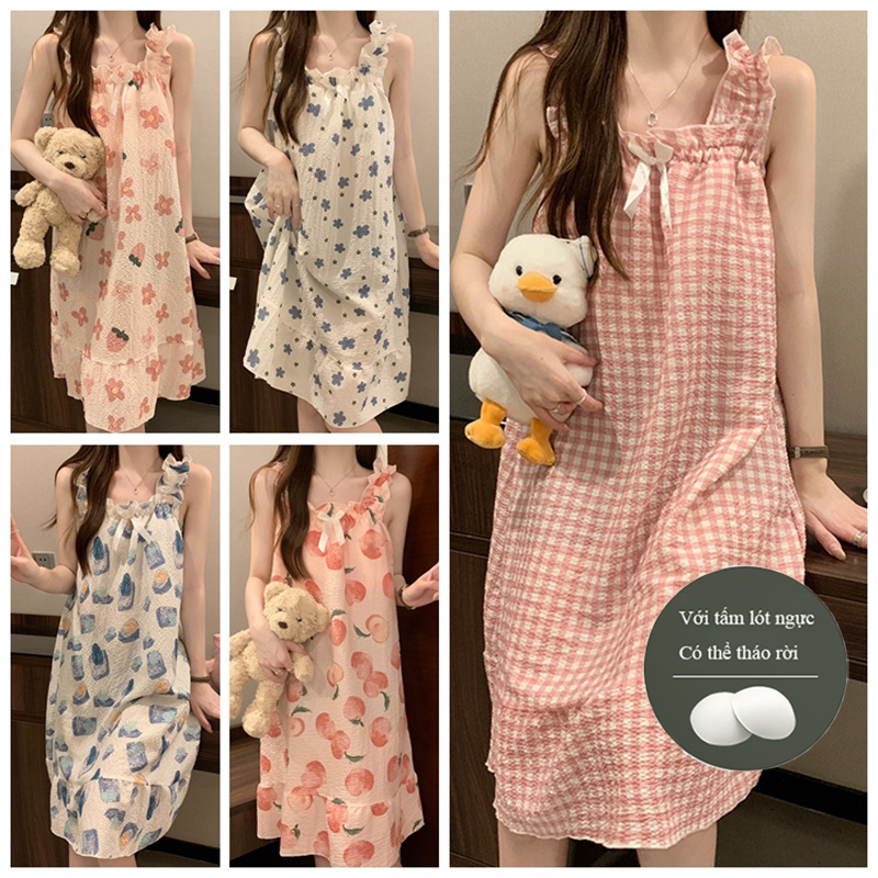 Váy ngủ 2 dây Suông  Đầm Ngủ Sát Nách Vải Cotton Có Mút Đệm Ngực Tháo Rời Được 100kg Thời Trang Mùa Hè Dễ Thương Cho Nữ Lff0626