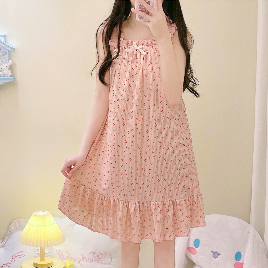Đầm ngủ 2 dây ngắn tay phong cách công chúa in hoa mới chất lượng cao lzf0704