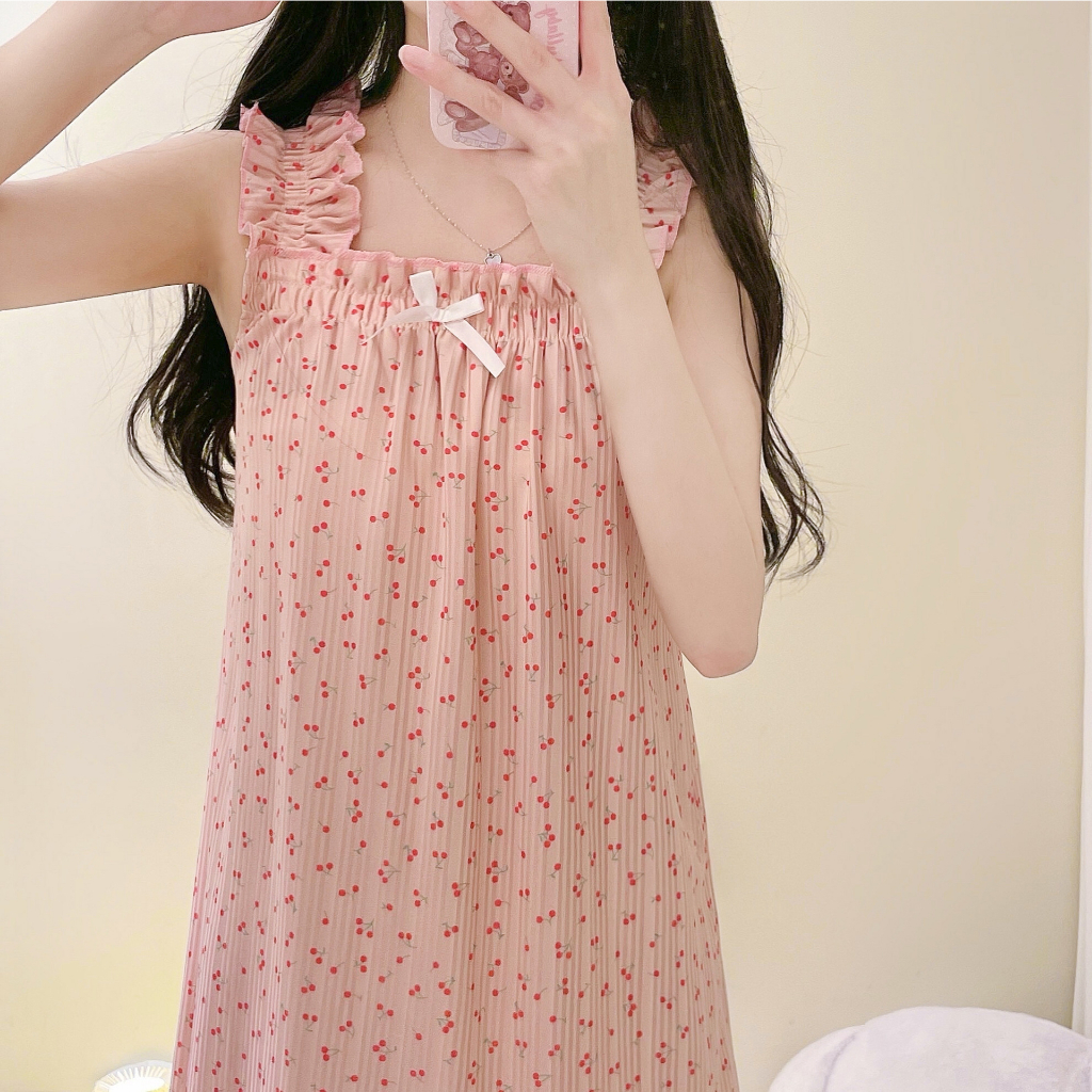 Đầm ngủ 2 dây ngắn tay phong cách công chúa in hoa mới chất lượng cao lzf0704