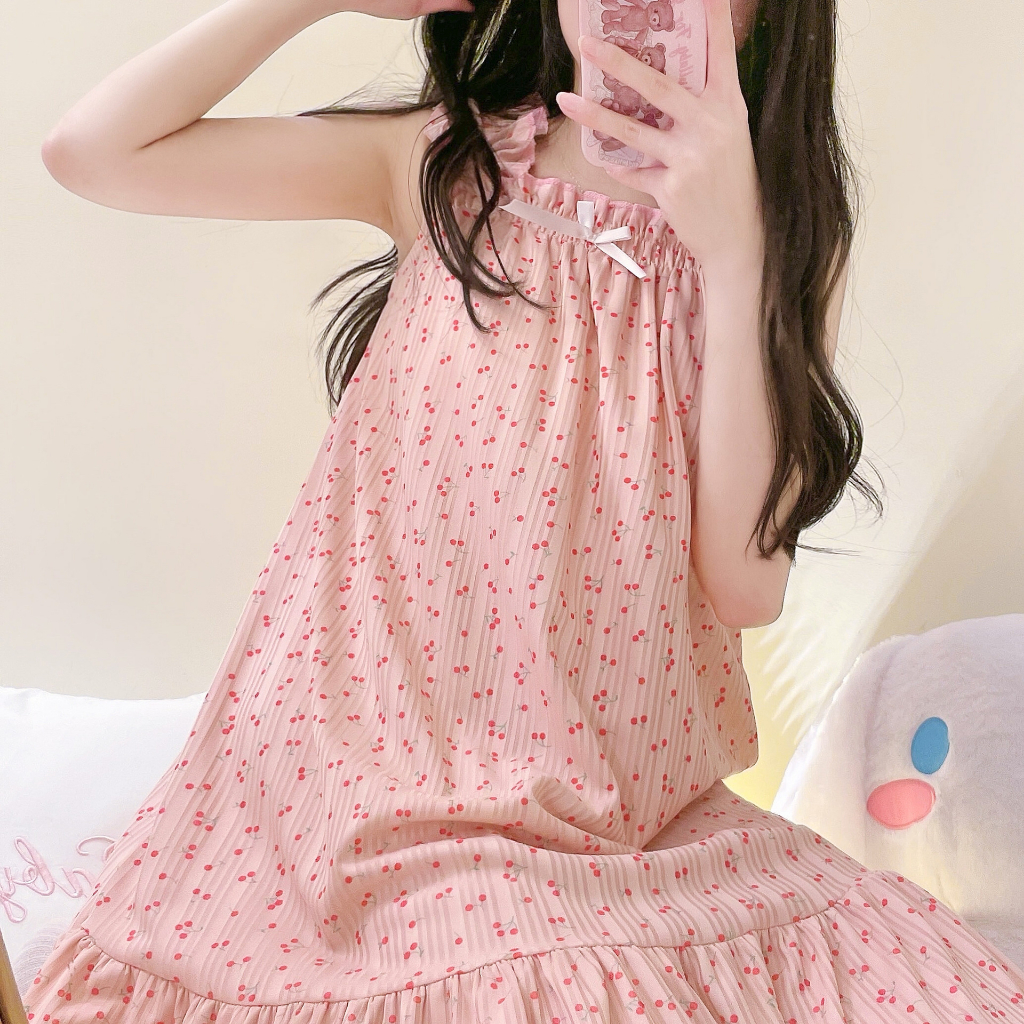Đầm ngủ 2 dây ngắn tay phong cách công chúa in hoa mới chất lượng cao lzf0704