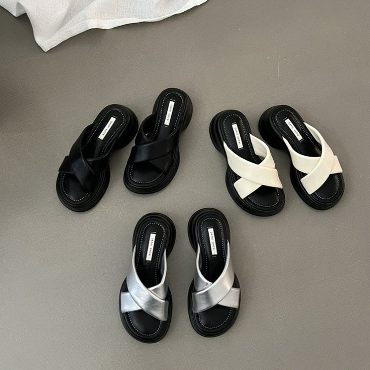 JINxCHOY SHOES Dép Da pu Đế Bằng Dày Dặn Quai Chéo Phong Cách Hàn Quốc Thời Trang Cho Nữ