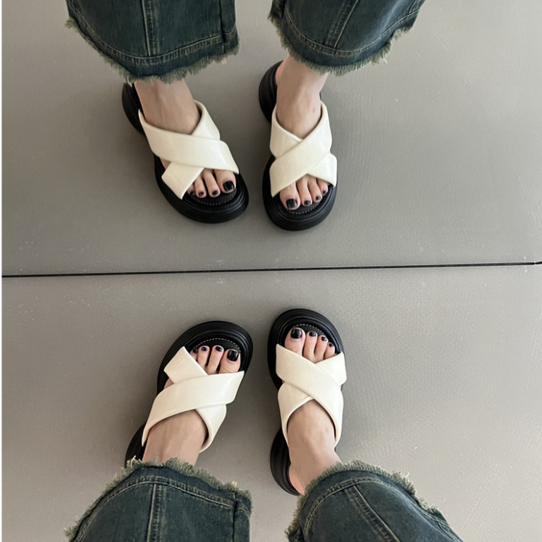 JINxCHOY SHOES Dép Da pu Đế Bằng Dày Dặn Quai Chéo Phong Cách Hàn Quốc Thời Trang Cho Nữ
