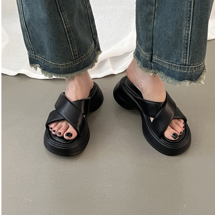 JINxCHOY SHOES Dép Da pu Đế Bằng Dày Dặn Quai Chéo Phong Cách Hàn Quốc Thời Trang Cho Nữ