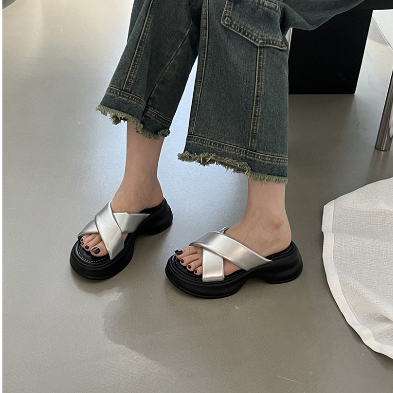 JINxCHOY SHOES Dép Da pu Đế Bằng Dày Dặn Quai Chéo Phong Cách Hàn Quốc Thời Trang Cho Nữ