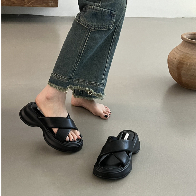 JINxCHOY SHOES Dép Da pu Đế Bằng Dày Dặn Quai Chéo Phong Cách Hàn Quốc Thời Trang Cho Nữ