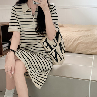 Đầm Dệt Kim Cổ Polo Dáng Váy Suông , Đầm Polo Kẻ Sọc Kéo Khoá Cổ