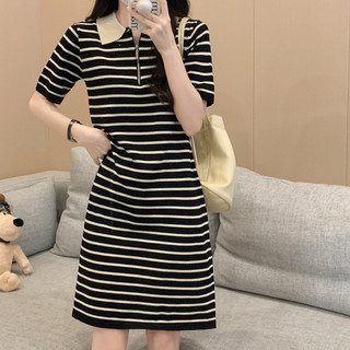 Đầm Dệt Kim Cổ Polo Dáng Váy Suông , Đầm Polo Kẻ Sọc Kéo Khoá Cổ