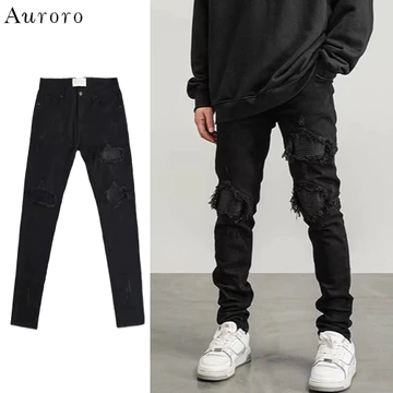 Quần jean nam rách gối thời trang denim quần jean ống đứng unisex Quần bò rách gối denim Quần jean ôm uncover quần jean nam đen rách gối tiếng nhật hiphop quần jean đen quần 