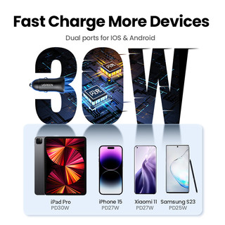 UGREEN 30W Sạc Xe Hơi Cổng Kép QC 3.0 Sạc Nhanh Cho iPhone 13 12 Xiaomi Huawei Samsung Supercharge Type C Char