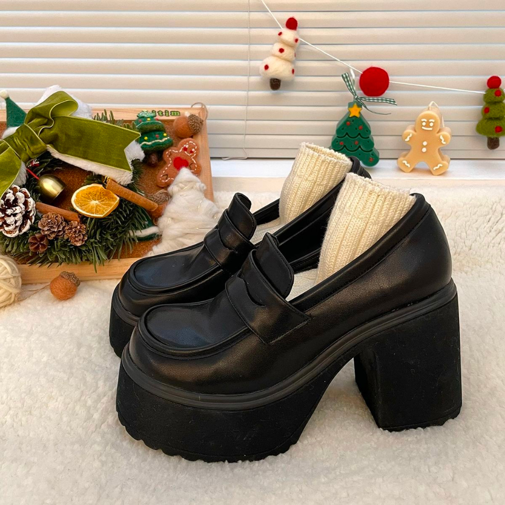 Giày cao gót Mary Jane đen mũi tròn, da PU, đế dày, phong cách Y2K retro, phù hợp công sở, sinh viên