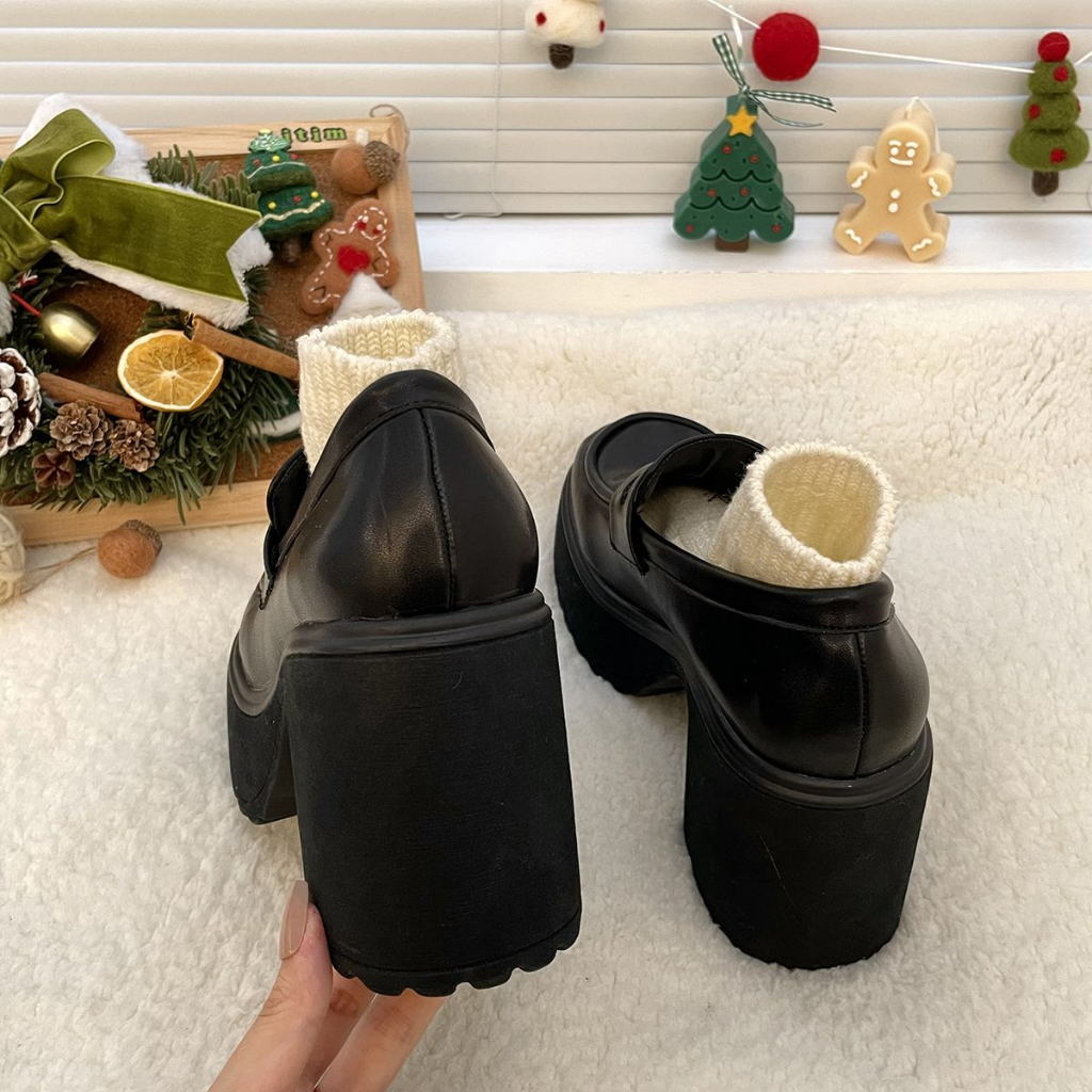 Giày cao gót Mary Jane đen mũi tròn, da PU, đế dày, phong cách Y2K retro, phù hợp công sở, sinh viên