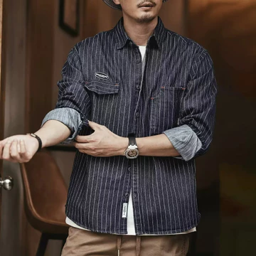 Áo Sơ Mi Denim Sọc Mỹ Nam Dài Tay M-3XL Hai Màu Năm 2023 Áo Sơ Mi Mùa Thu Áo Khoác Nam Phong Cách Hồng Kông Retro Rời Áo Sơ Mi Nam Dạo Phố Rời Denim Sọc Dài Tay Áo Sơ Mi Nam Áo Sơ Mi Thường Ngày Áo Kh