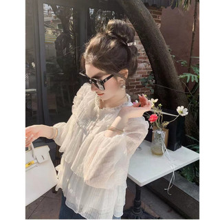 Áo Kiểu Tay Dài Cổ Tròn Dáng Rộng Thời Trang retro Hàn Quốc Cho Nữ
