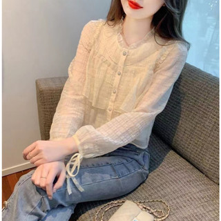 Áo Kiểu Tay Dài Cổ Tròn Thời Trang retro Hàn Quốc Cho Nữ