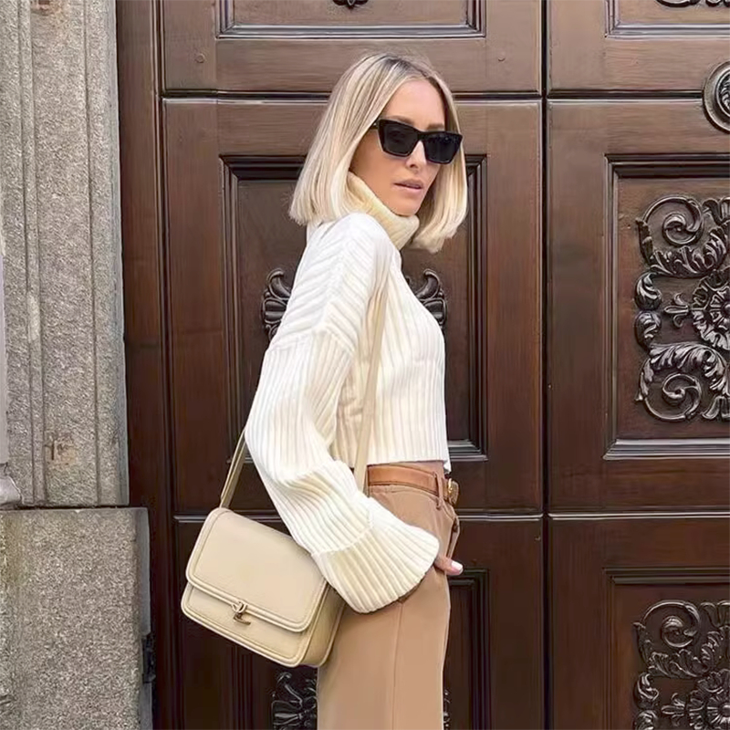Áo Croptop Dệt Kim Tay Dài Cổ Lọ Dáng Rộng Thời Trang Cho Nữ